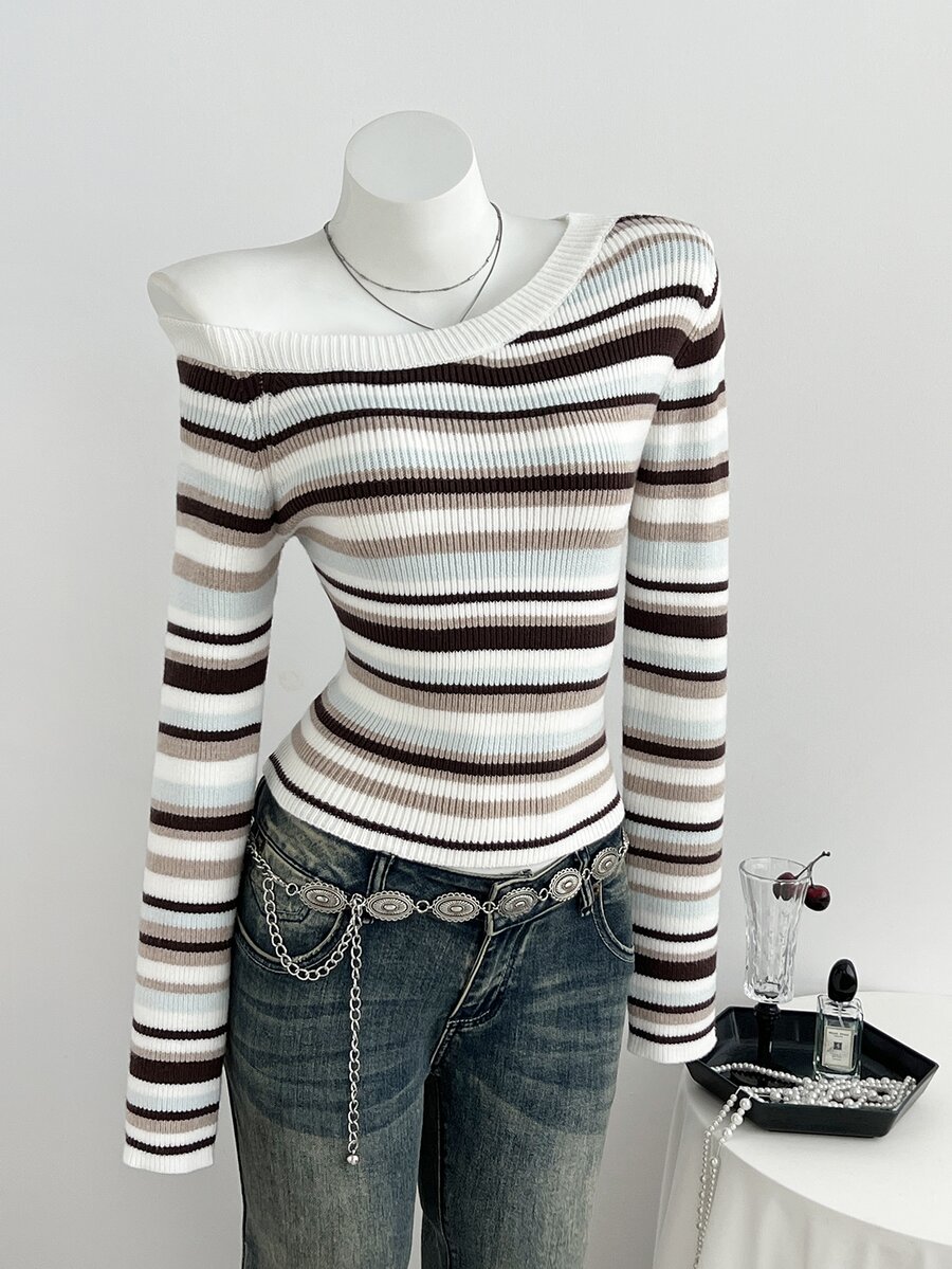Elamini Minimalist Casual Women's Autumn/Winter Blue And White Stripe Asymmetrical Shoulder Fitted Knit Sweater Top - Baby Blue - View 1