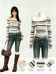 Elamini Minimalist Casual Women's Autumn/Winter Blue And White Stripe Asymmetrical Shoulder Fitted Knit Sweater Top - Baby Blue - View 3