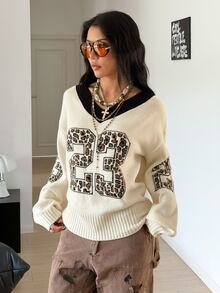 SHEIN HypeZone Minimalist Street Style Women's Autumn/Winter Beige Asymmetric Shoulder Digital Print Long Sleeve Loose Knit Sweater Top - Beige - View 6