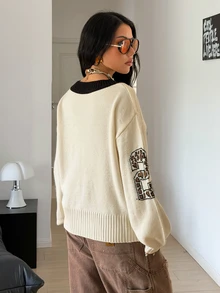 SHEIN HypeZone Minimalist Street Style Women's Autumn/Winter Beige Asymmetric Shoulder Digital Print Long Sleeve Loose Knit Sweater Top - Beige - View 2