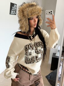 SHEIN HypeZone Minimalist Street Style Women's Autumn/Winter Beige Asymmetric Shoulder Digital Print Long Sleeve Loose Knit Sweater Top - Beige - View 1