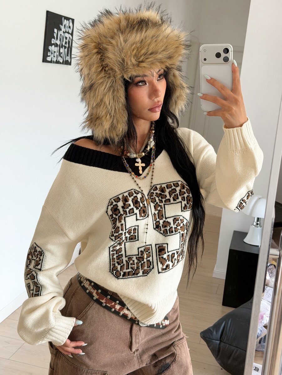 SHEIN HypeZone Minimalist Street Style Women's Autumn/Winter Beige Asymmetric Shoulder Digital Print Long Sleeve Loose Knit Sweater Top - Beige - View 1
