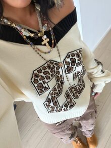SHEIN HypeZone Minimalist Street Style Women's Autumn/Winter Beige Asymmetric Shoulder Digital Print Long Sleeve Loose Knit Sweater Top - Beige - View 5