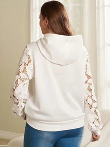 Rosumi Women's Plus Size Lace Patchwork Hooded Sweatshirt Fall Winter 2026 Women's Winter Clothes White Hooded Sweatshirt With Lace Trim On The Sleeves - White - View 4