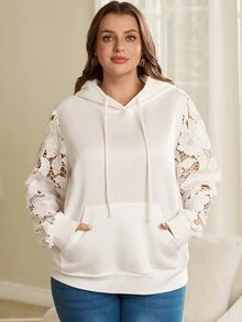 Rosumi Women's Plus Size Lace Patchwork Hooded Sweatshirt Fall Winter 2026 Women's Winter Clothes White Hooded Sweatshirt With Lace Trim On The Sleeves - White - View 1