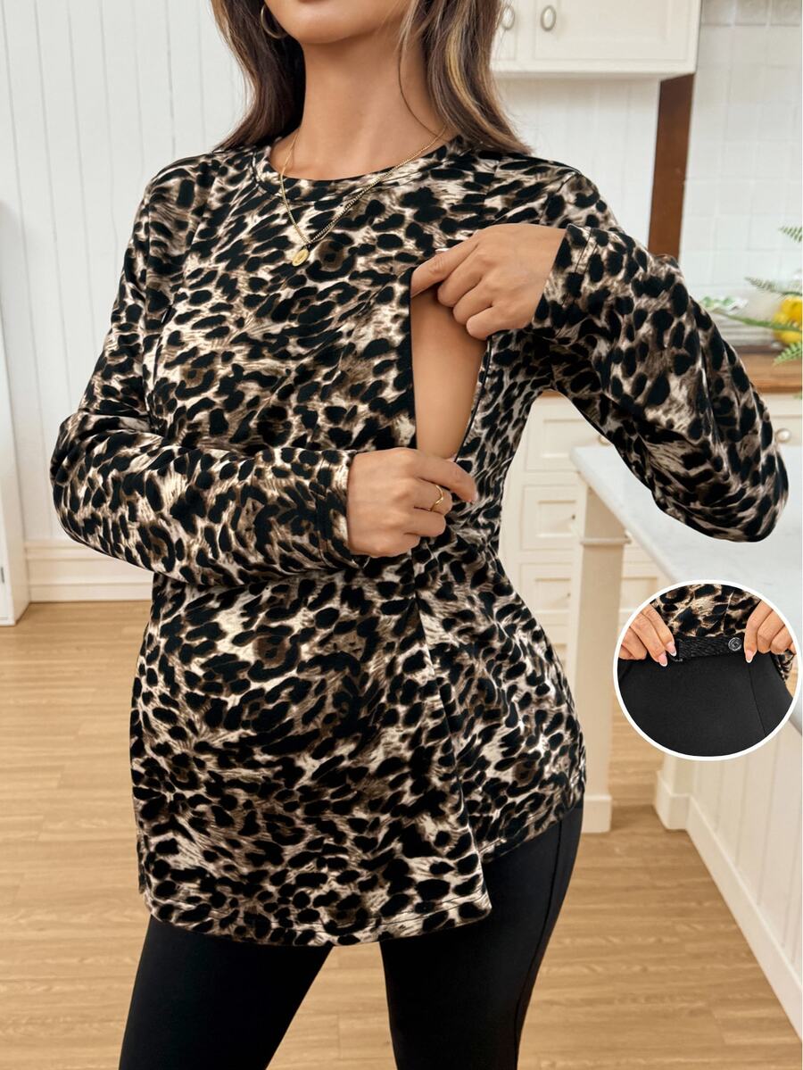 SHEIN Maternity Leopard Print Top & Leggings Nursing 2 Pieces Set,Autumn Brown Leopard Fall - Brown - View 1