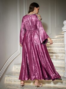 Reflora Plus Size Elegant Casual Rhinestone Cold Shoulder Elegant Dress For Evening Party Formal Dinner Autumn Wedding Purple - Hot Pink - View 3