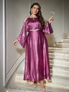 Reflora Plus Size Elegant Casual Rhinestone Cold Shoulder Elegant Dress For Evening Party Formal Dinner Autumn Wedding Purple - Hot Pink - View 7
