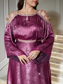 Reflora Plus Size Elegant Casual Rhinestone Cold Shoulder Elegant Dress For Evening Party Formal Dinner Autumn Wedding Purple - Hot Pink - View 5
