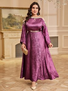 Reflora Plus Size Elegant Casual Rhinestone Cold Shoulder Elegant Dress For Evening Party Formal Dinner Autumn Wedding Purple - Hot Pink - View 9
