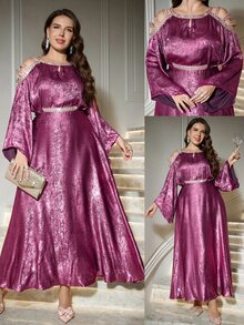 Reflora Plus Size Elegant Casual Rhinestone Cold Shoulder Elegant Dress For Evening Party Formal Dinner Autumn Wedding Purple - Hot Pink - View 2