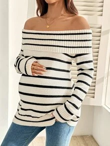SHEIN Comfortable Versatile White Colorblock Cold Shoulder Sweater For Pregnant Women Autumn Halloween Thanksgiving Formal Party Casual Dressy - Apricot - View 3