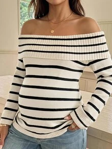 SHEIN Comfortable Versatile White Colorblock Cold Shoulder Sweater For Pregnant Women Autumn Halloween Thanksgiving Formal Party Casual Dressy - Apricot - View 9
