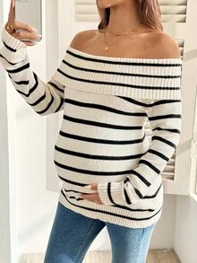 SHEIN Comfortable Versatile White Colorblock Cold Shoulder Sweater For Pregnant Women Autumn Halloween Thanksgiving Formal Party Casual Dressy - Apricot - View 4