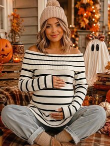 SHEIN Comfortable Versatile White Colorblock Cold Shoulder Sweater For Pregnant Women Autumn Halloween Thanksgiving Formal Party Casual Dressy - Apricot - View 1