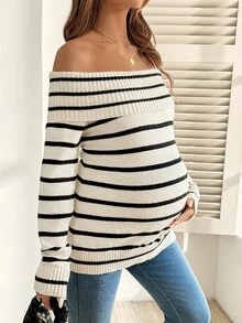 SHEIN Comfortable Versatile White Colorblock Cold Shoulder Sweater For Pregnant Women Autumn Halloween Thanksgiving Formal Party Casual Dressy - Apricot - View 5
