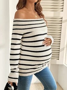 SHEIN Comfortable Versatile White Colorblock Cold Shoulder Sweater For Pregnant Women Autumn Halloween Thanksgiving Formal Party Casual Dressy - Apricot - View 7