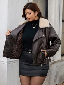 Reflora Jaket Kulit PU Wanita Ukuran Besar Lengan Panjang dengan Resleting Depan dan Kerah Bulu, Jaket Biker Musim Dingin - Coffee Brown - View 3