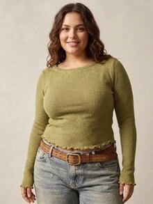 SHEIN Tall CURVE Plus Size Fashion Frill Trim Long Sleeve T-Shirt For Daily Wear Formal Home Wear Olive Green Autumn Casual Baggy Baggy Brunch Formal - Green - View 8