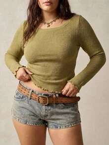 SHEIN Tall CURVE Plus Size Fashion Frill Trim Long Sleeve T-Shirt For Daily Wear Formal Home Wear Olive Green Autumn Casual Baggy Baggy Brunch Formal - Green - View 9
