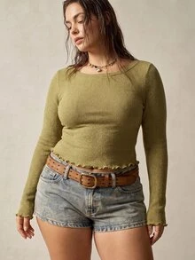 SHEIN Tall CURVE Plus Size Fashion Frill Trim Long Sleeve T-Shirt For Daily Wear Formal Home Wear Olive Green Autumn Casual Baggy Baggy Brunch Formal - Green - View 5