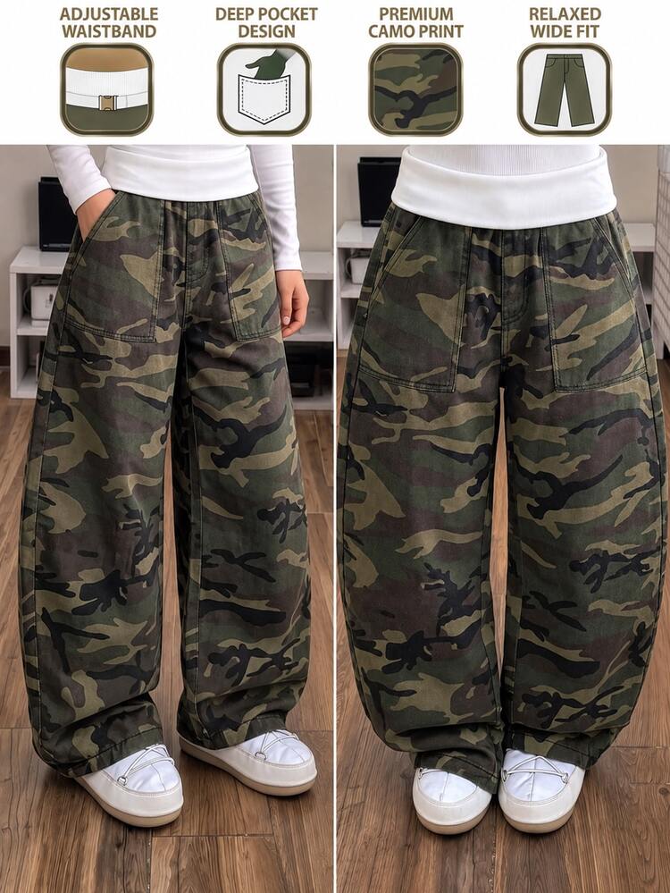 Teen Girls Baggy Y2K Retro Cool Street Minimalist Basic Camouflage Print Loose Wide Leg Denim Jeans, Suitable For Daily Wear, Prom Formal Olive Summer - Medium Wash - View 3