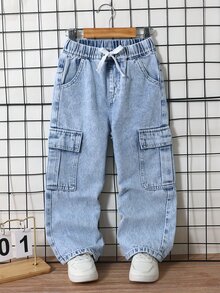 Genkimix Kids 小男孩牛仔冬季新款多口袋工裝直筒牛仔褲，嬰兒藍，舒適彈性腰帶，柔軟棉質面料，時尚水洗 - 中等水洗藍 - 查看 5