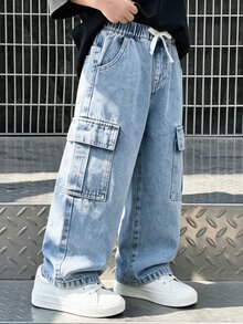 Genkimix Kids 小男孩牛仔冬季新款多口袋工裝直筒牛仔褲，嬰兒藍，舒適彈性腰帶，柔軟棉質面料，時尚水洗 - 中等水洗藍 - 查看 4
