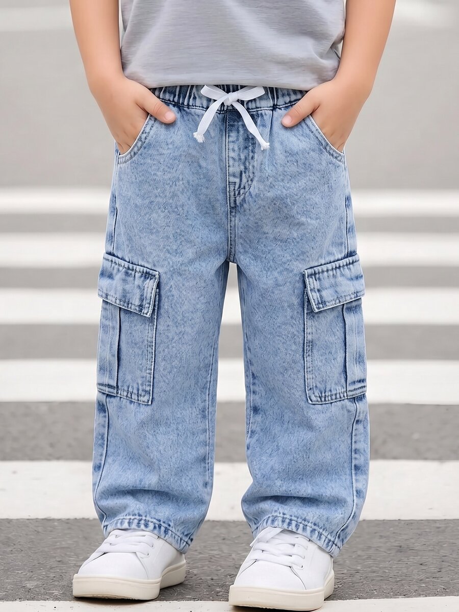 Genkimix Kids 小男孩牛仔冬季新款多口袋工裝直筒牛仔褲，嬰兒藍，舒適彈性腰帶，柔軟棉質面料，時尚水洗
