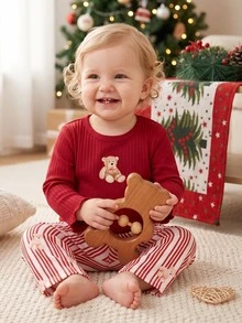 Baby Girl 3D Bear Cream White Ribbed Top & Ribbed Bear Print Pants Set Loungewear - Red - View 8