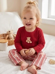 Baby Girl 3D Bear Cream White Ribbed Top & Ribbed Bear Print Pants Set Loungewear - Red - View 9