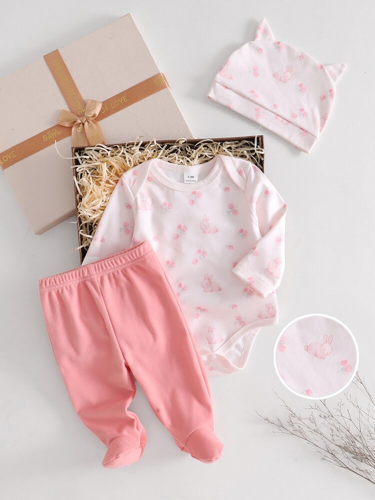 3pcs Newborn Baby Cute Pink Rabbit Print Long Sleeve Bodysuit With Footed Pants & Ear Hat Gift Set - Multicolor - View 4