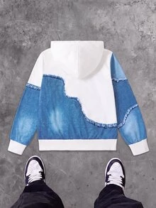 SHEIN 青少年男孩丹寧效果原邊印花連帽拉鍊外套，個性化拼接數位印花設計運動衫，寬鬆落肩版型，中性街頭嘻哈風長袖運動衫，舒適親膚面料，百搭休閒連帽上衣，適合日常通勤與旅行 - 白色 - 查看 3