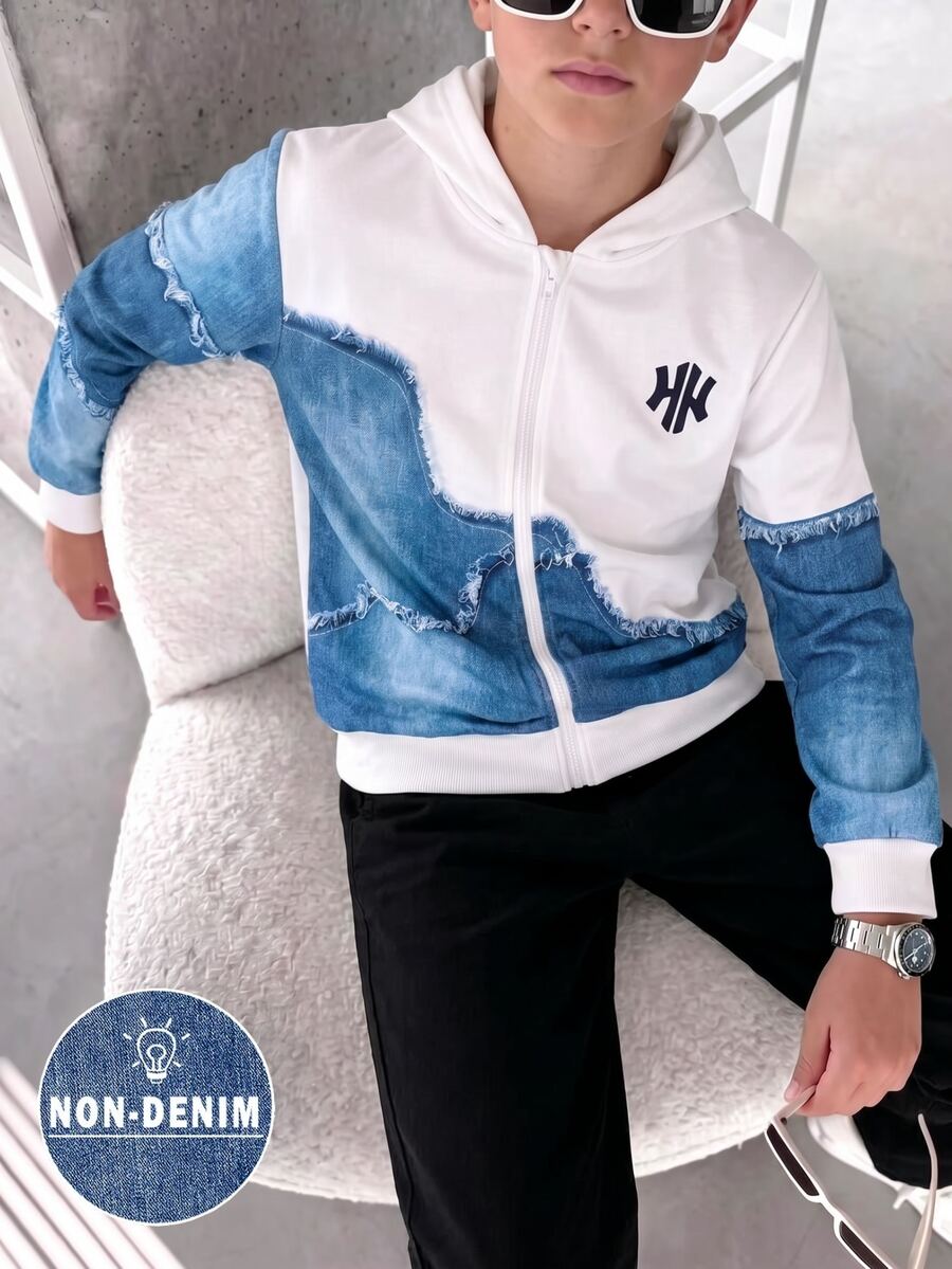 SHEIN 青少年男孩丹寧效果原邊印花連帽拉鍊外套，個性化拼接數位印花設計運動衫，寬鬆落肩版型，中性街頭嘻哈風長袖運動衫，舒適親膚面料，百搭休閒連帽上衣，適合日常通勤與旅行