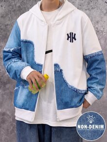 SHEIN 青少年男孩丹寧效果原邊印花連帽拉鍊外套，個性化拼接數位印花設計運動衫，寬鬆落肩版型，中性街頭嘻哈風長袖運動衫，舒適親膚面料，百搭休閒連帽上衣，適合日常通勤與旅行 - 白色 - 查看 7