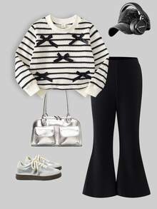 SHEIN Genkimix Kids Tween Girls Striped Bow Decor 2 Pieces Outfit, Waffle Knit Long Sleeve Top & Ribbed Flare Pants Set - Black - View 4