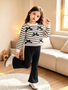 SHEIN Genkimix Kids Tween Girls Striped Bow Decor 2 Pieces Outfit, Waffle Knit Long Sleeve Top & Ribbed Flare Pants Set - Black - View 7