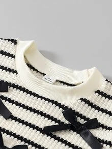 SHEIN Genkimix Kids Tween Girls Striped Bow Decor 2 Pieces Outfit, Waffle Knit Long Sleeve Top & Ribbed Flare Pants Set - Black - View 3