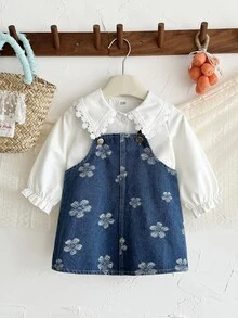 SHEIN 2件組女嬰可愛優雅高質感翻領長袖上衣與3D花朵裝飾吊帶褲套裝，適合秋季，白色A字版型 - 藍色 - 查看 7