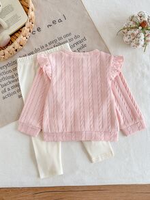 SHEIN 3pcs Baby Girl Cardigan Pants Cute Pink White 3D Floral Cable Knit Ruffle Bow Long Sleeve Round Neck Birthday Party Fall Holiday Button Up - Pink - View 2
