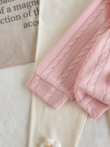 SHEIN 3pcs Baby Girl Cardigan Pants Cute Pink White 3D Floral Cable Knit Ruffle Bow Long Sleeve Round Neck Birthday Party Fall Holiday Button Up - Pink - View 4