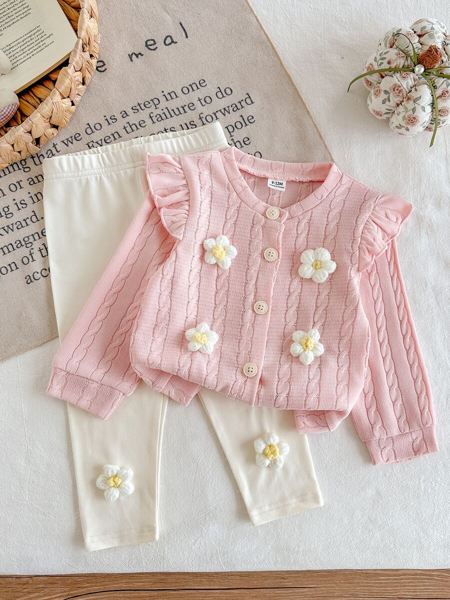 SHEIN 3pcs Baby Girl Cardigan Pants Cute Pink White 3D Floral Cable Knit Ruffle Bow Long Sleeve Round Neck Birthday Party Fall Holiday Button Up - Pink - View 1