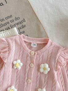 SHEIN 3pcs Baby Girl Cardigan Pants Cute Pink White 3D Floral Cable Knit Ruffle Bow Long Sleeve Round Neck Birthday Party Fall Holiday Button Up - Pink - View 3