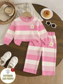 SHEIN Playful Pals 2件組幼女運動衫長褲套裝 可愛粉白條紋花朵雛菊長袖圓領標準版 生日派對秋季公主圖案 - 粉色 - 查看 6