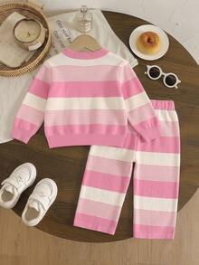 SHEIN Playful Pals 2件組幼女運動衫長褲套裝 可愛粉白條紋花朵雛菊長袖圓領標準版 生日派對秋季公主圖案 - 粉色 - 查看 2