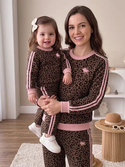 SHEIN Playful Pals 2 pièces/Ensemble Bébé Fille Printemps/Automne Marron Noir Rose Bloc de Couleur Style Cool Girl Imprimé Léopard Partout Rayure Rose Latérale Col Rond Manches Longues Top & Pantalon Large Assorti, Coupe Ample Décontractée, Convient pour le Port Quotidien, les Activités Extérieures, le Style de Rue, les Réunions Familiales, la Photographie