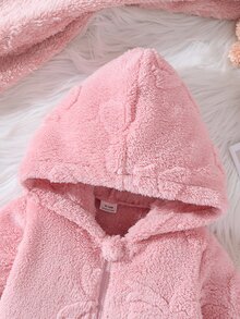 SHEIN 3件組女嬰抓絨外套褲裝套裝，可愛甜美粉色蝴蝶結髮帶，愛心長袖連帽加厚毛茸茸毛衣，適合秋冬節日派對 - 粉色 - 查看 3