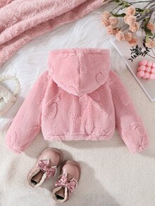 SHEIN 3件組女嬰抓絨外套褲裝套裝，可愛甜美粉色蝴蝶結髮帶，愛心長袖連帽加厚毛茸茸毛衣，適合秋冬節日派對 - 粉色 - 查看 2