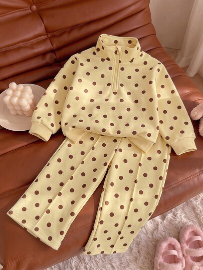 SHEIN Playful Pals Young Girl) Brown 2 Pieces Set Half-Zip Pullover Sweatshirt Top And Wide Leg Pants Outfit Cute Casual Autumn/Winter Sportswear