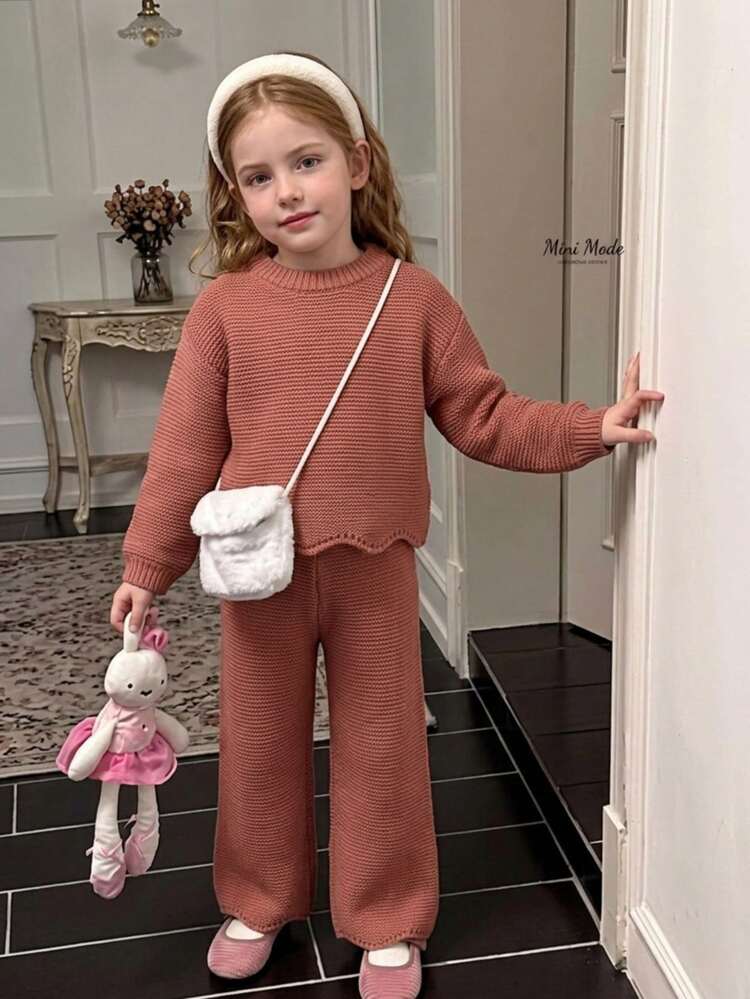 Young Girls Sweater Co-Ords, Knitted Long Sleeve Sweater And Knitted Wide Leg Pants, Suitable For Autumn/Winter - Pink - View 3